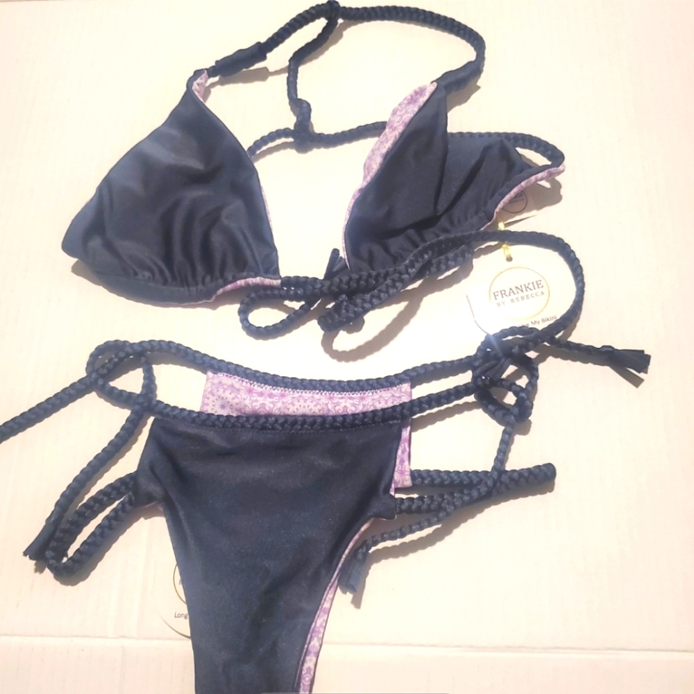 Frankie's Bikinis Navy/ Floral Reversible Bikini sz 10